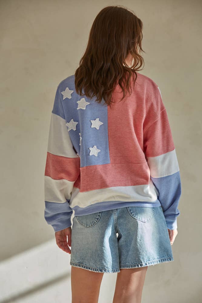 AMERICA Patchwork Crew Neck Pullover Top