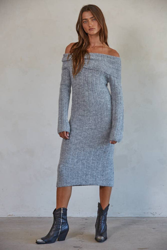 ROCHE Knit Ribbed Off The Shoulder Pencil Midi