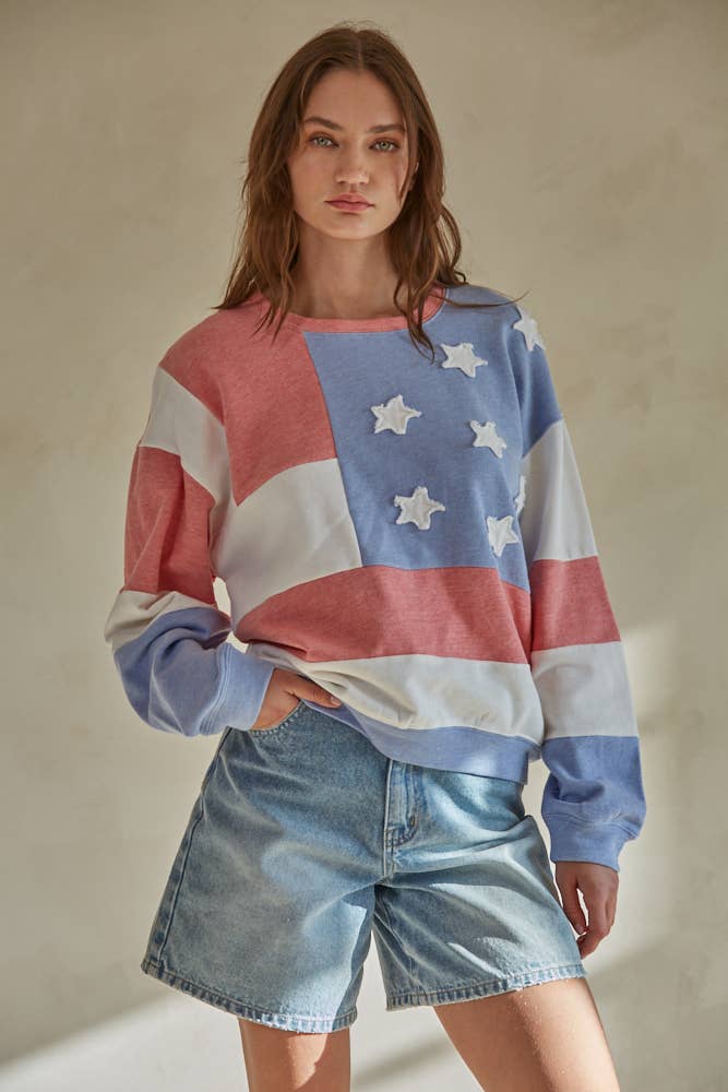 AMERICA Patchwork Crew Neck Pullover Top