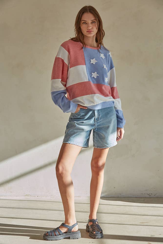 AMERICA Patchwork Crew Neck Pullover Top