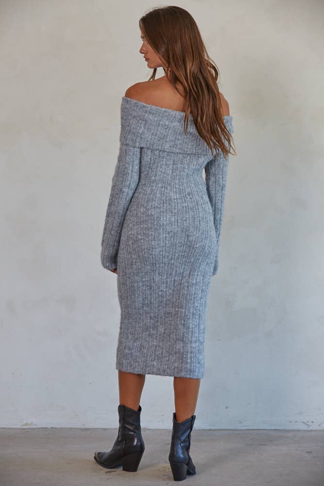 ROCHE Knit Ribbed Off The Shoulder Pencil Midi